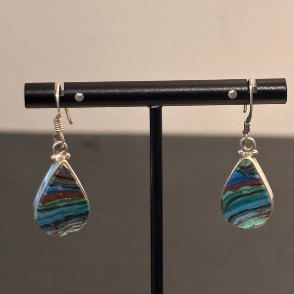 Vintage 925 Sterling Silver signed rainbow stone teardrop dangle earrings 1"